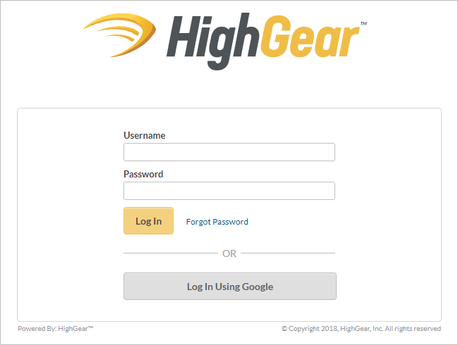 HighGear log in screen