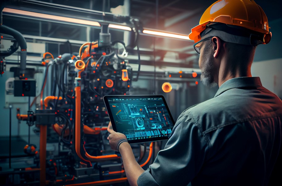 A man with a tablet in a factory