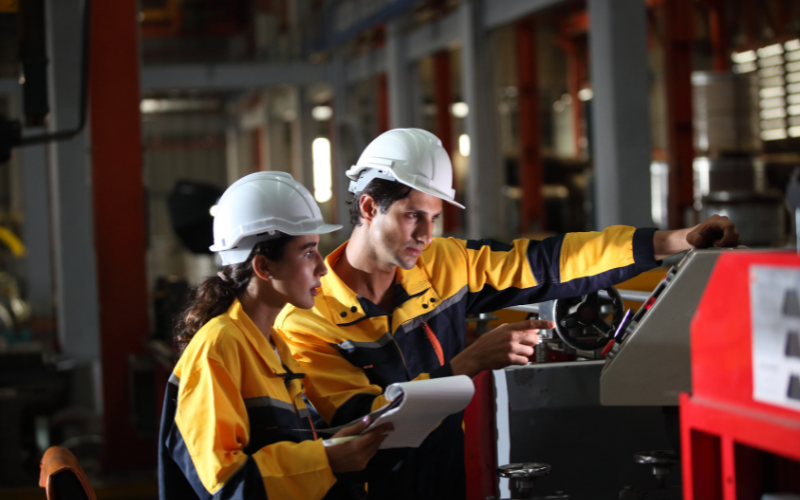 Two employees planning manufacturing process improvement