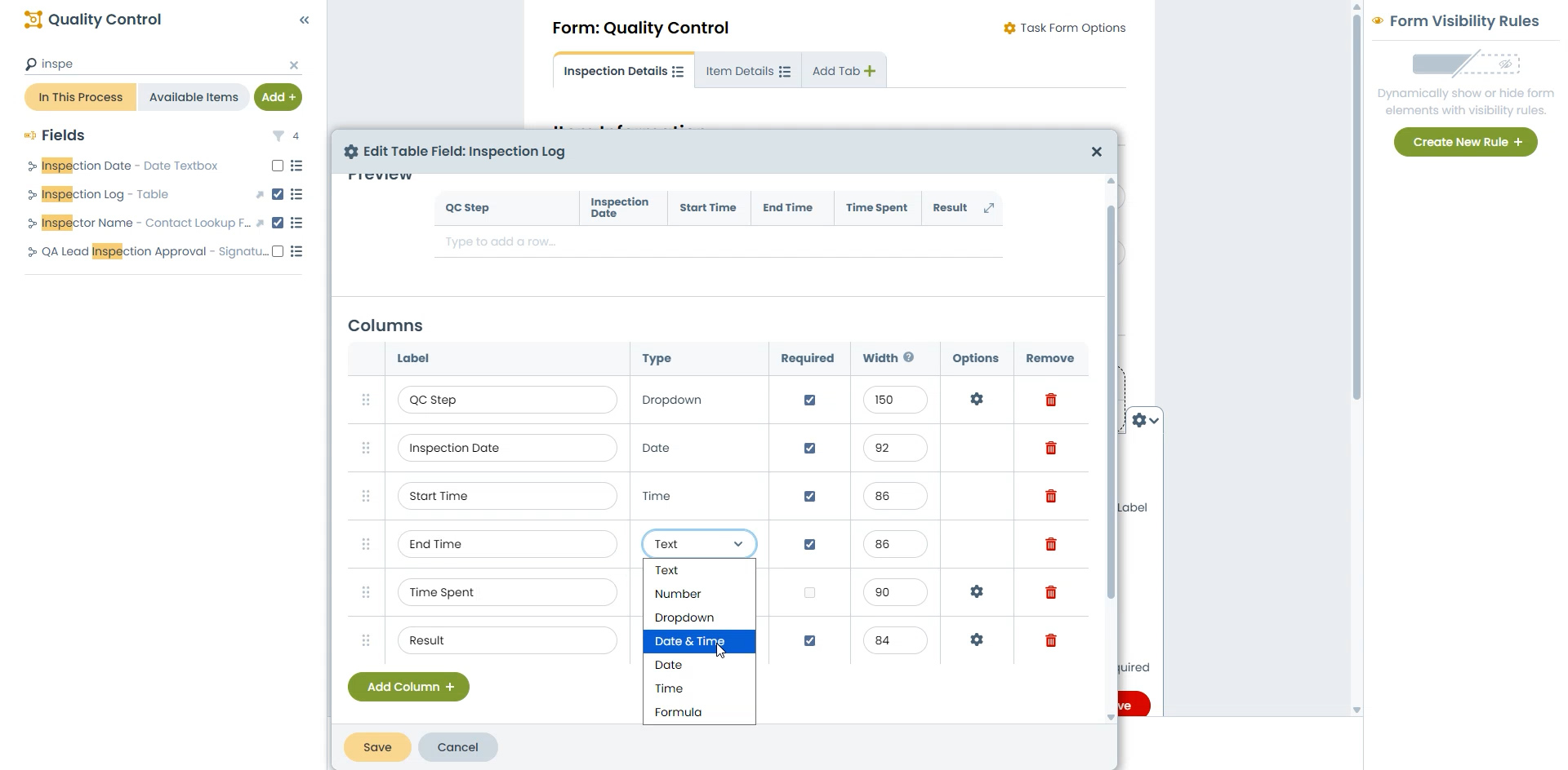 A screenshot of HighGear's Date and Time Column type Fields.