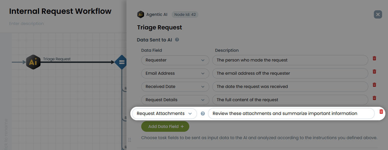 HighGear 10.3.3 Agentic AI workflow Node showing attachment handling for AI-powered workflow automation.