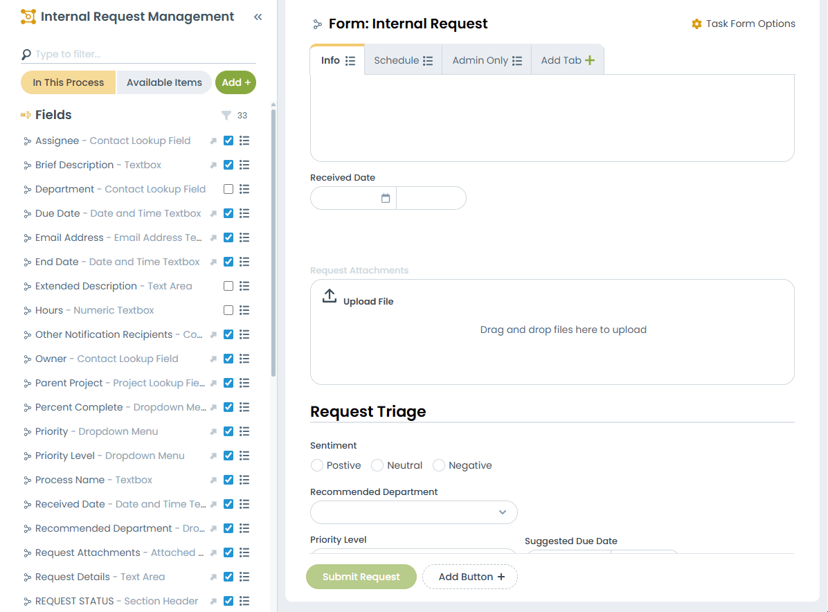 HighGear 10.3.3 form builder showing how to add fields and display text anywhere on the form in just a few clicks.