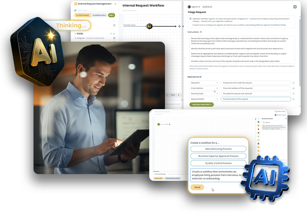 HighGear AI workflow automation platform visualizing AI-assisted business workflows, intelligent task routing, process automation, performance dashboards, and low-code workflow management.
