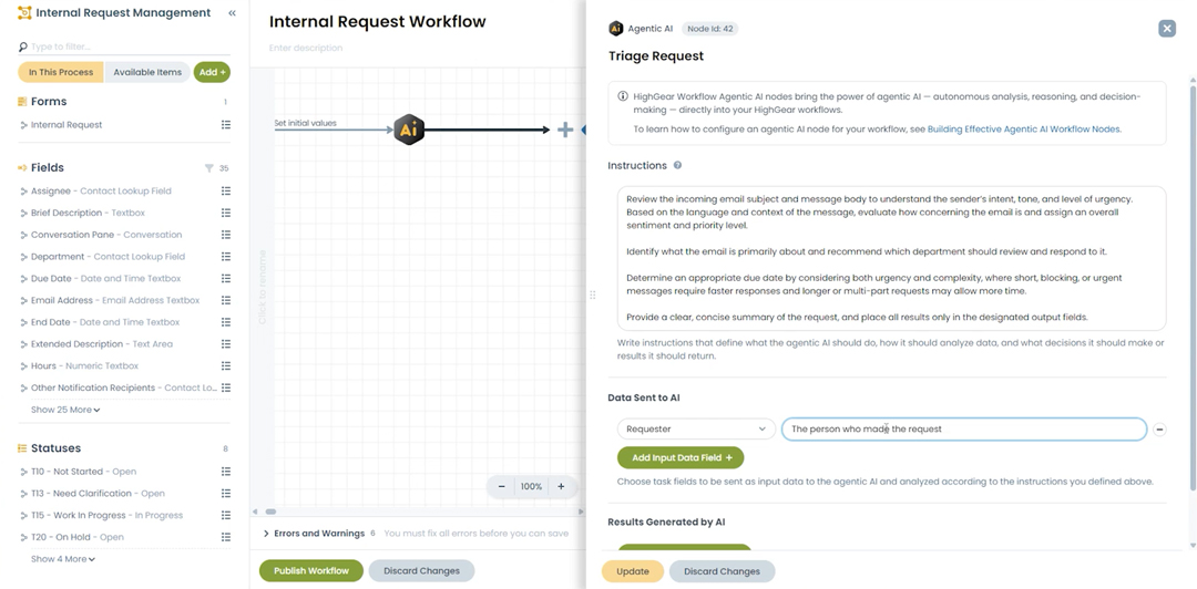 A screenshot of the HighGear platform featuring the ai workflow node.